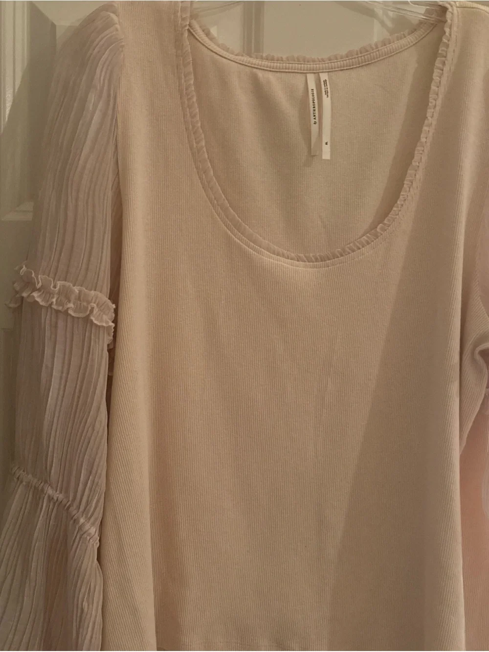 Anthropologie Cream Sheer-Puff Long-Sleeve Scoop Top
